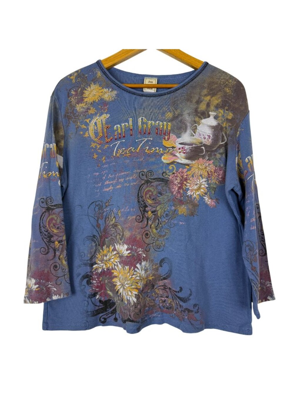Jess & Jane Earl Grey Tea Time Women's XL Embellished Floral Cotton Top USA